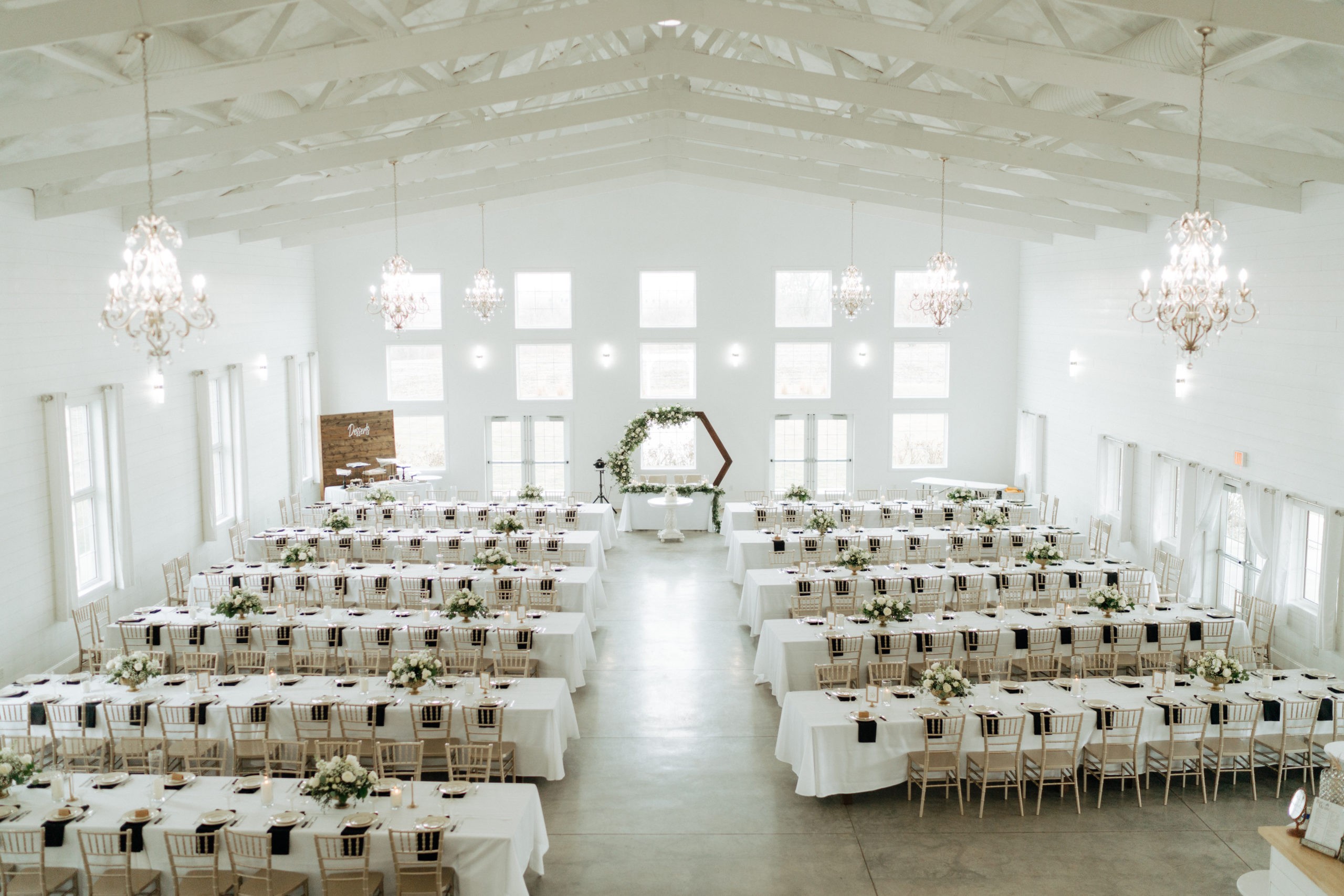 Bright reception hall prepared for a wedding